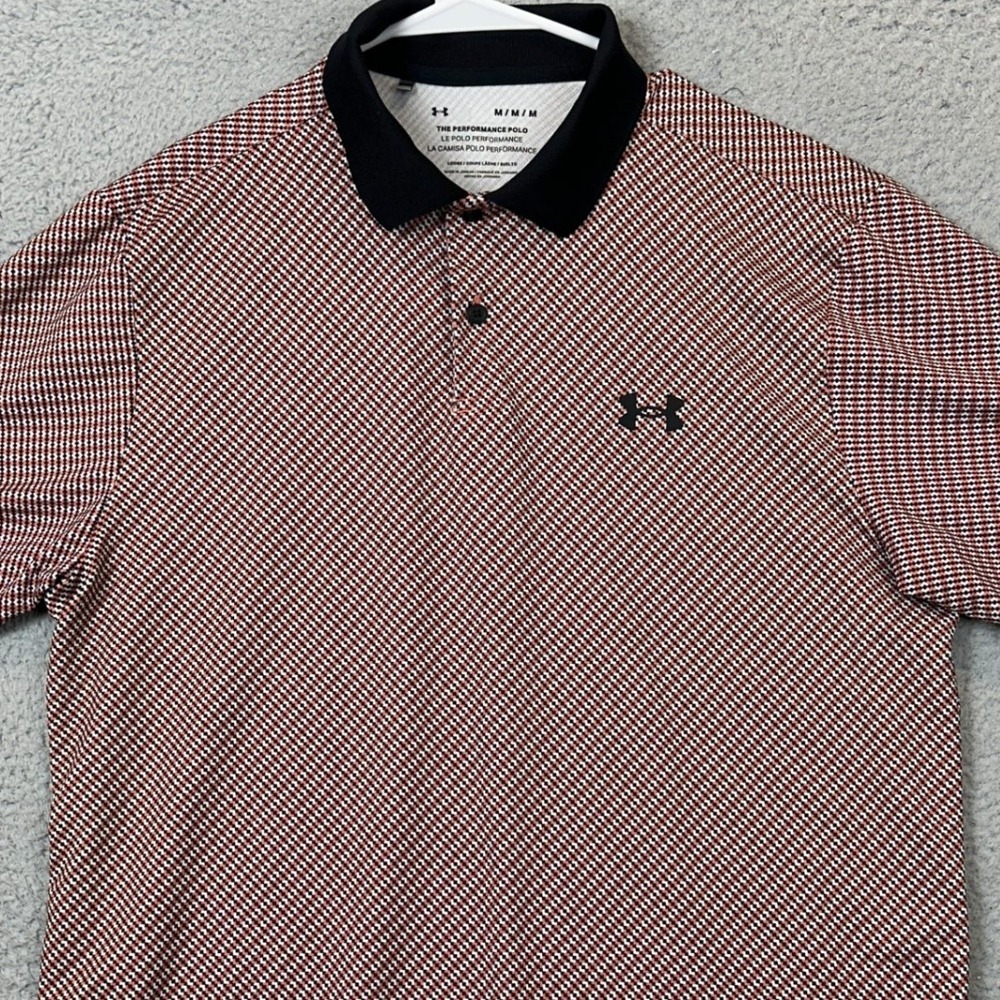 Under Armour The Performance Polo Shirt Mens Medium Red Geometric Golf Rugby EUC